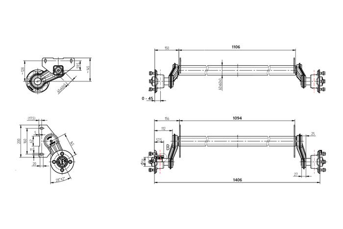 Eixo sem freio KNOTT VG7-L para reboque de barco 750kg 1094mm 1406mm 4x100