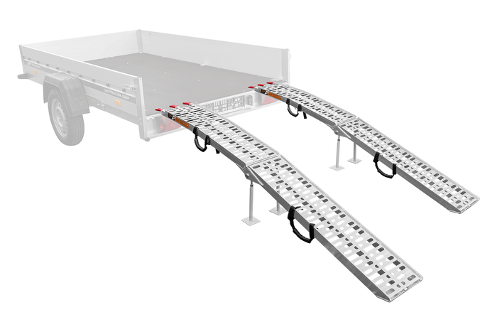 Rampas dobráveis UNITRAILER ALR003 em alumínio para reboques, 221 cm, 680 kg, com cinta e suporte, conjunto de 2 unidades.